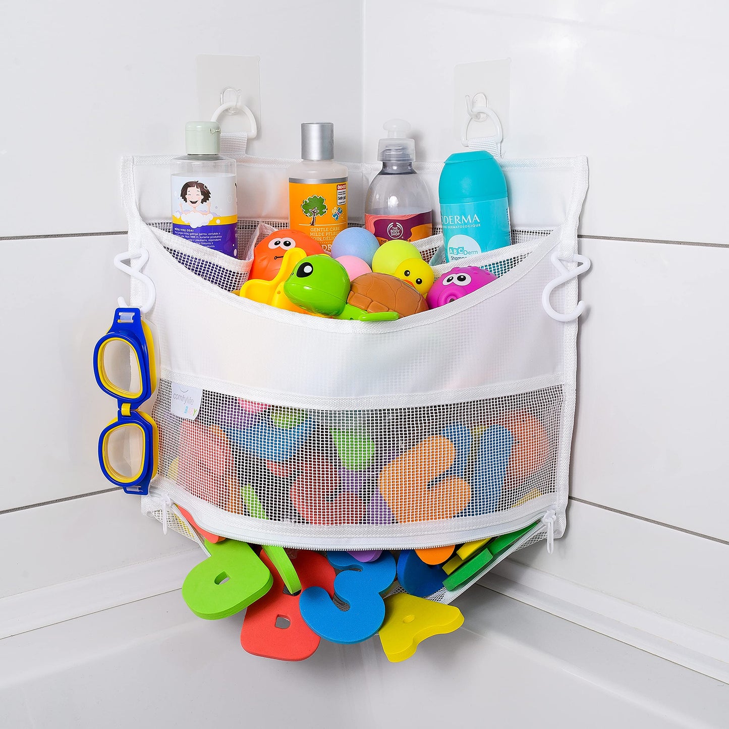 2 x Mesh Bath Toy Organizer + 8 Ultra Strong Hooks – The Perfect Bathtub Toy Holder & Bathroom or Shower Caddy – These Multi-use Net Bags Make Baby Bath Toy Storage Easy – For Kids & Toddlers