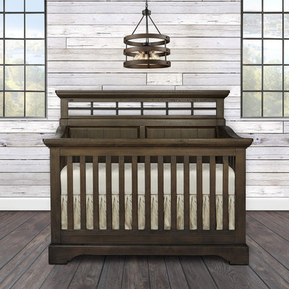 Evolur Empire 5-in 1 Convertible Crib with Metal Elements in Distressed Timber, Green Guard Certificated, Free Mattress