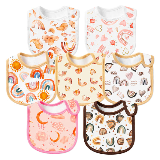 7Pcs Cotton Waterproof Baby Bibs Hook Loop Closure Newborn Bib Keepsake Baby Gift for Drooling Feeding Eating
