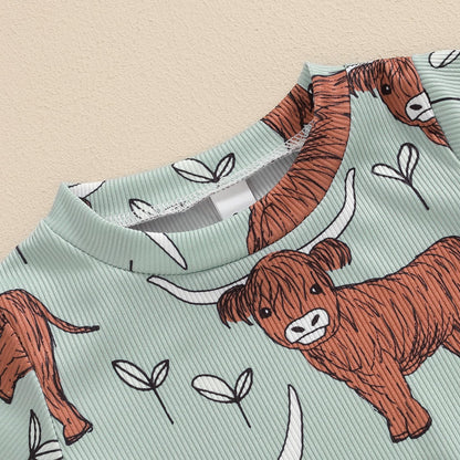Gueuusu Country Baby Clothes Boy Girl Western Cow Print Short Sleeve Romper Bodysuit Ribbed One Piece Jumpsuit Summer Outfit