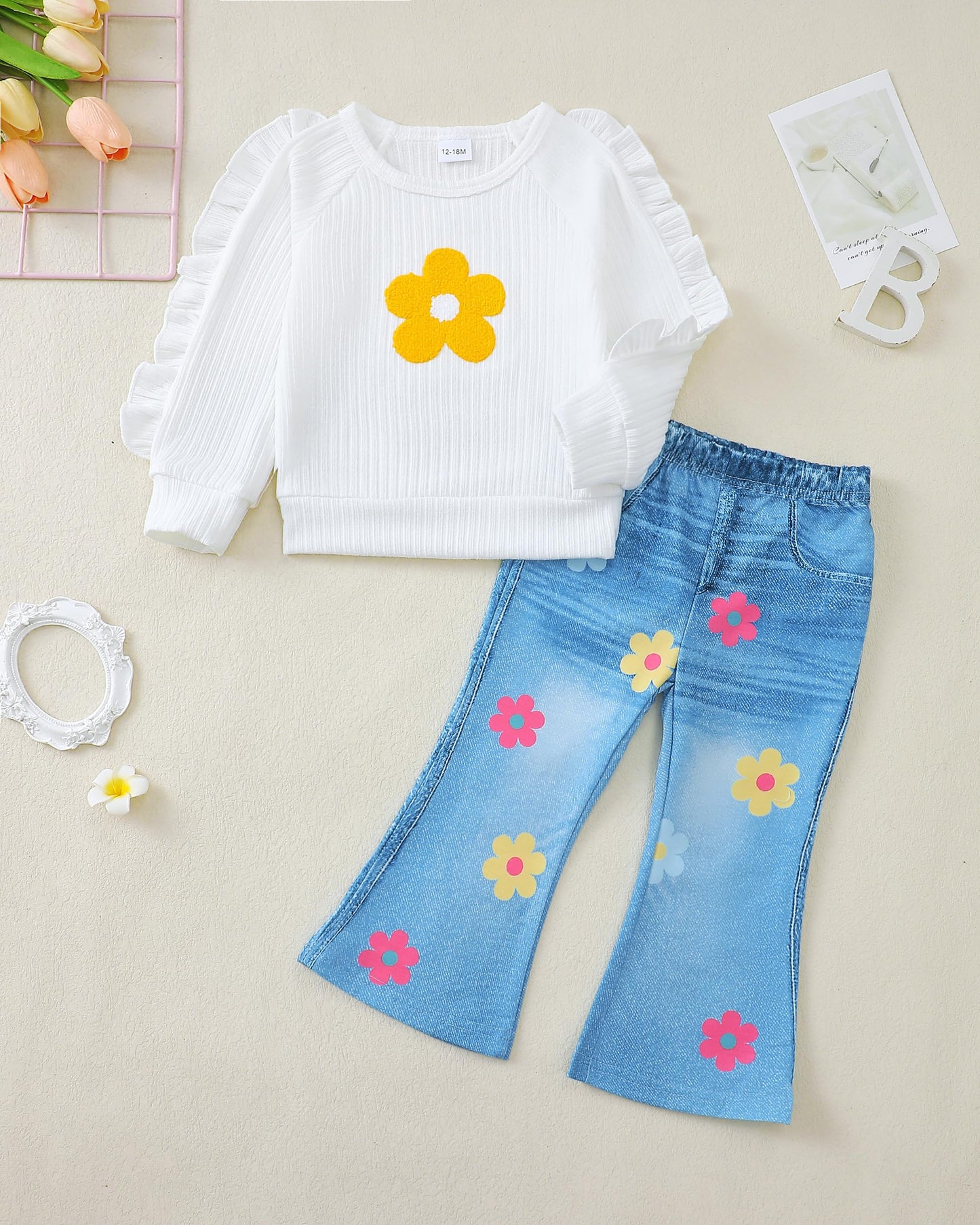 Renotemy Toddler Baby Girl Clothes Fall Winter Outfits Gifts Sweatshirt Bell Bottom Jeans Pants for 12Months-5 Year Girls