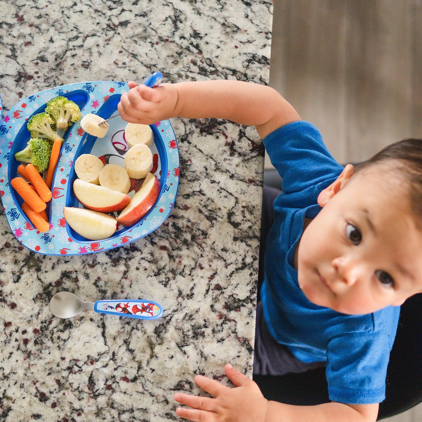The First Years Bluey 4-Piece Place Setting - BPA Free Dishwasher Safe Toddler Dinnerware Set with Divided Plate, Bowl, Fork, Spoon - Multicolor