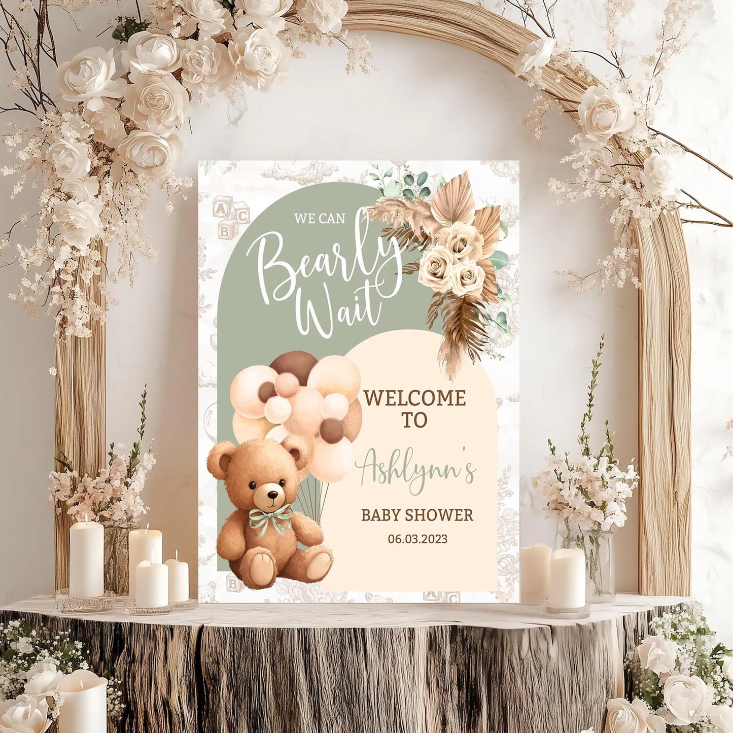 Personalized We Can Bearly Wait Baby Shower Welcome Sign, Welcome to Baby Shower Sign - Teddy Bear & Balloon Theme Décor #5