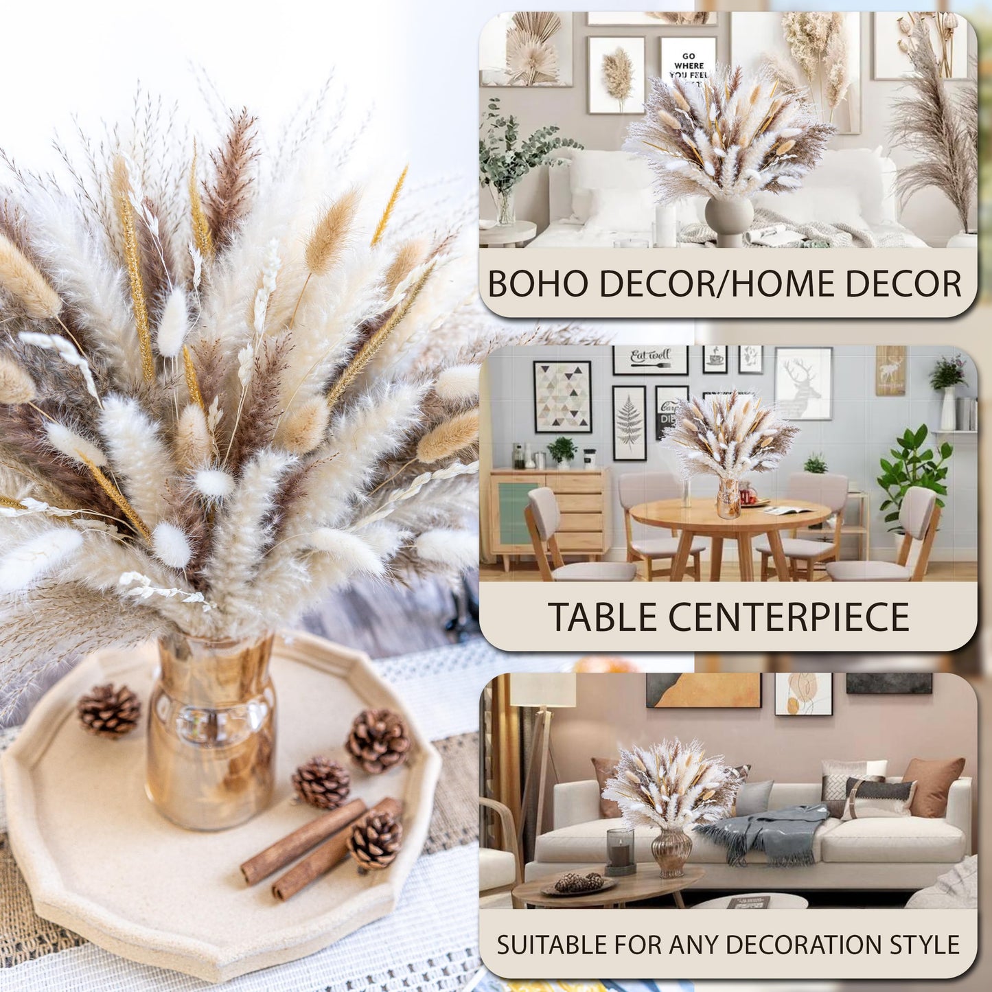 95 PCS Natural Pampas Grass Decor Bouquet | Boho Dried Floral Arrangement Centerpiece Table Decor Wedding Decor Rustic Decor, Natural, white, beige (Fdm-b-01)