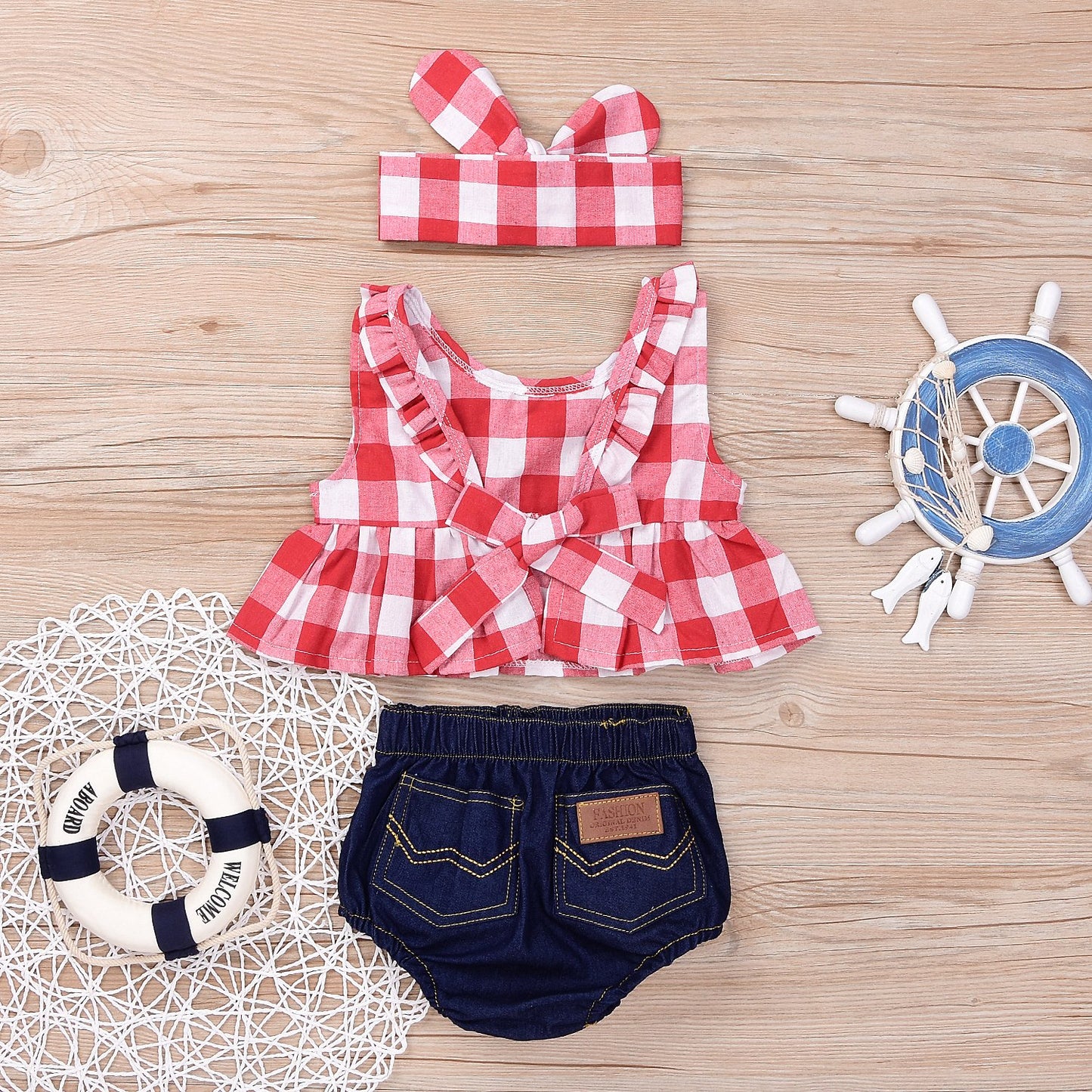 Baby Girls Plaid Ruffle Bowknot Tank Top+Denim Shorts Outfit with Headband