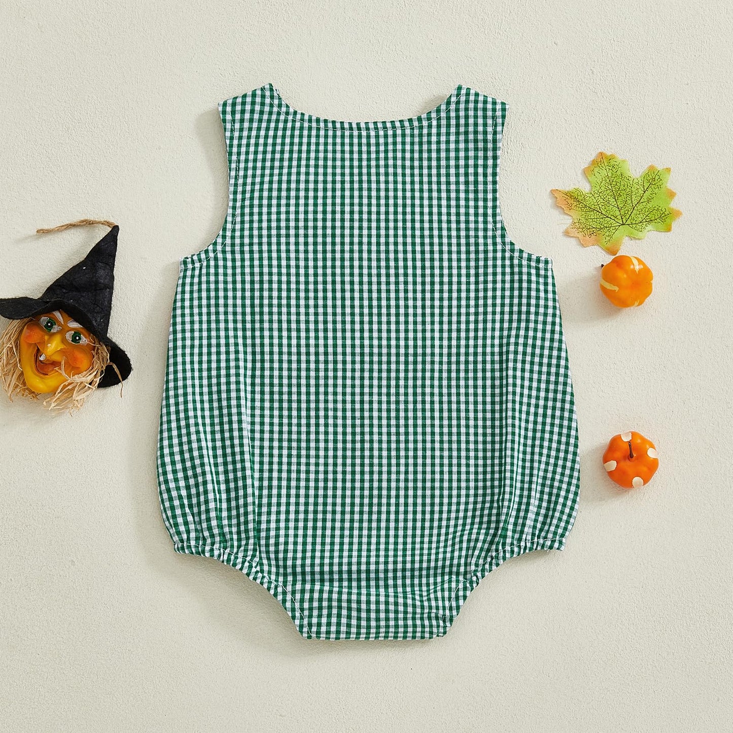 Baby Girl Pumpkin Embroidery Jumpsuit Halloween Sleeveless Round Neck Plaid Tank Romper