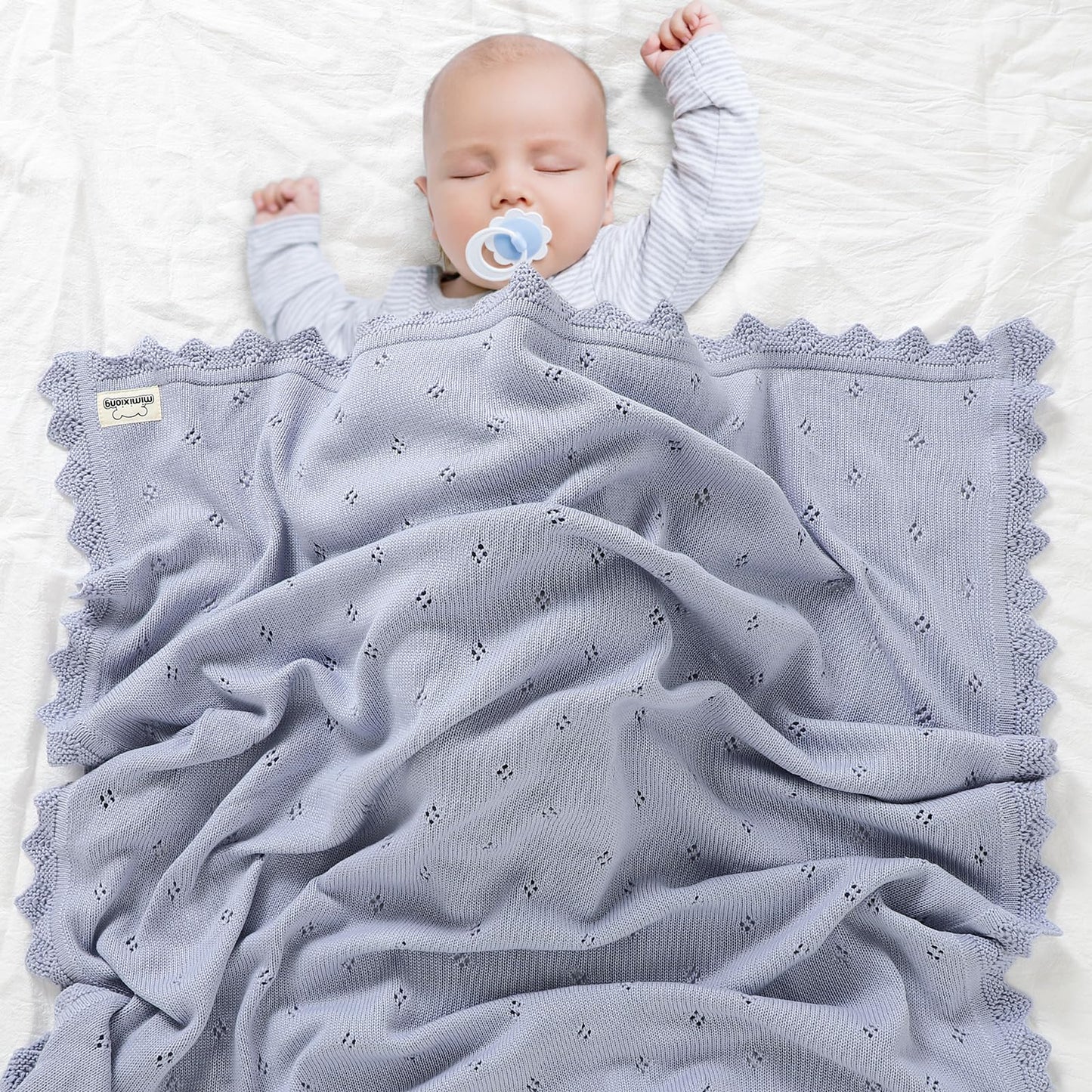 mimixiong Cotton Baby Blanket Knitted Crochet Receiving Crib Nursery Swaddling Blankets for Newborn Baby Boy Girl Off White 30x40 Inch