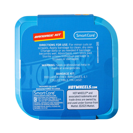 Hot Wheels Bandage Kit, Bandaids for Kids, Ideal for Boys, Infants and Children, Latex-Free Band Aids, Ft a Collectible Hot Wheels Tin Case, Variety Pack with 3 Assorted Sizes, 100 ct.