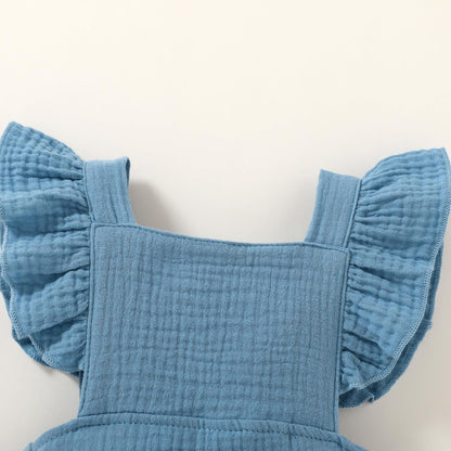 Happy Town Baby Girl Clothes Toddler Summer Linen Romper Sleeveless Ruffle Outfits Infant Girls Jumpsuit with Headband