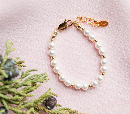 Cherished Moments Children's 14K Gold-plated over Sterling Silver Bracelet with White High-End Simulated Pearls for Babies, Infants, Toddlers, and Girls