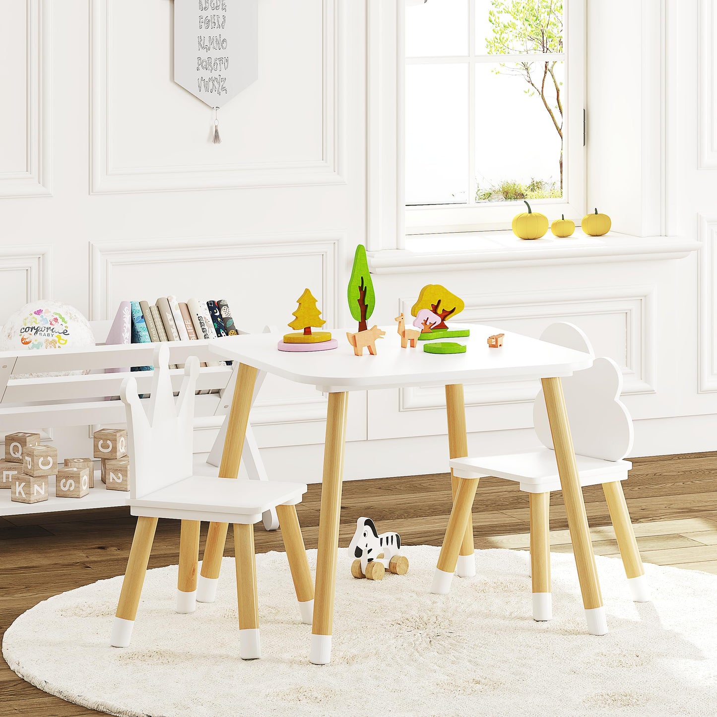UTEX Kids Wood Table and Chair Set, Kids Play Table with 2 Chairs,3 Pieces Kids Round Table for Toddlers, Girls, Boys,White