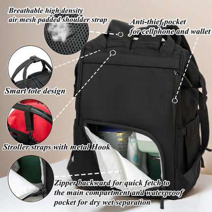 Diaper Bag Backpack for Dad and Mom with USB Charging Port Stroller Straps and Insulated Pocket,army military Travel Nappy Backpack for Daddy/Mommy (Black)