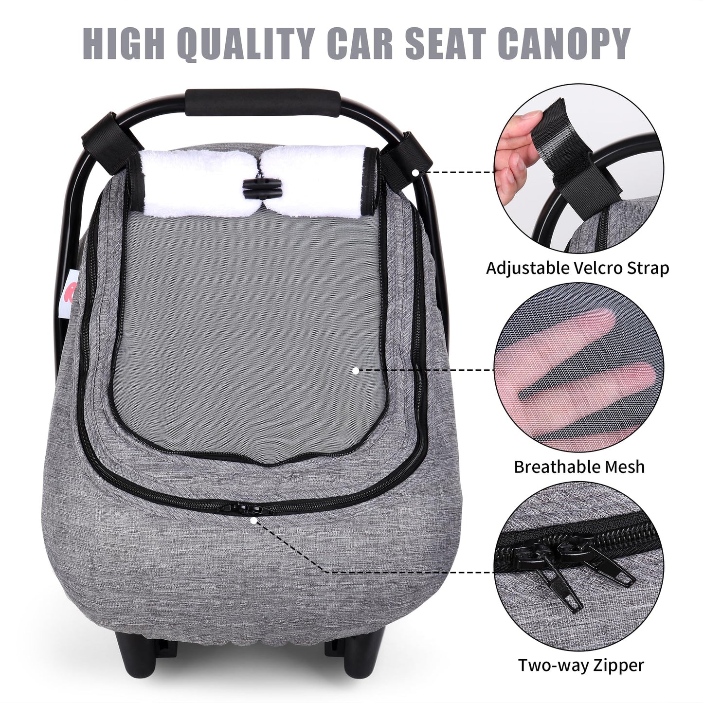 Rquite Car Seat Cover Baby, Carseat Covers Boy Girl, 2 Layers Window -Breathable Mesh & Wind/Sun Shade, Infant Car Seat Canopy Baby Carrier/Stroller Cover, Fit Spring, Fall, Winter, Cold Weather