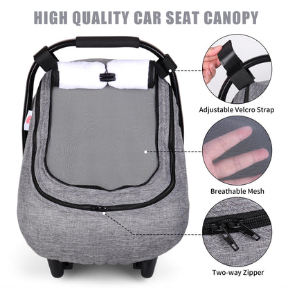 Rquite Car Seat Cover Baby, Carseat Covers Boy Girl, 2 Layers Window -Breathable Mesh & Wind/Sun Shade, Infant Car Seat Canopy Baby Carrier/Stroller Cover, Fit Spring, Fall, Winter, Cold Weather