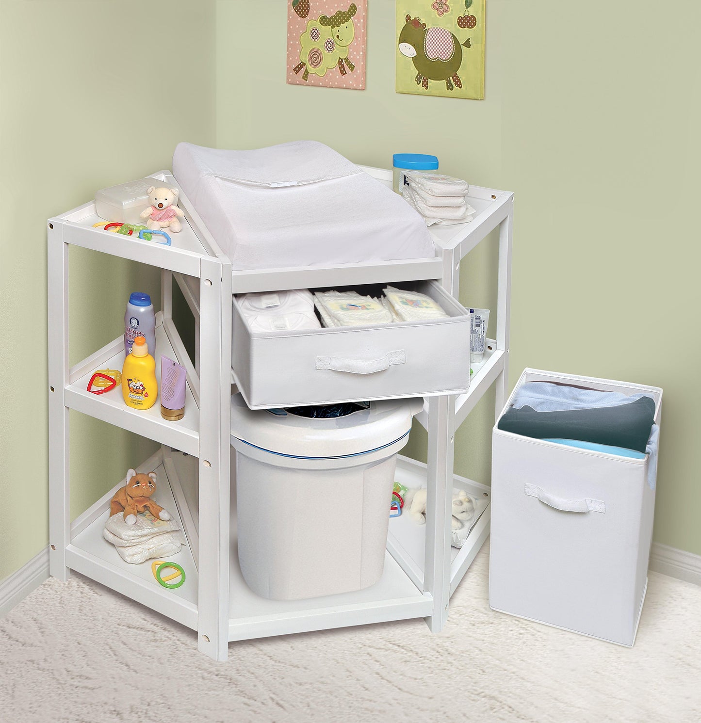 Badger Basket Diaper Corner Baby Changing Table – Space-Saving White Nursery Station with Hamper, Basket & Changing Pad