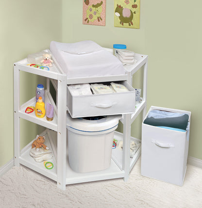 Badger Basket Diaper Corner Baby Changing Table – Space-Saving White Nursery Station with Hamper, Basket & Changing Pad
