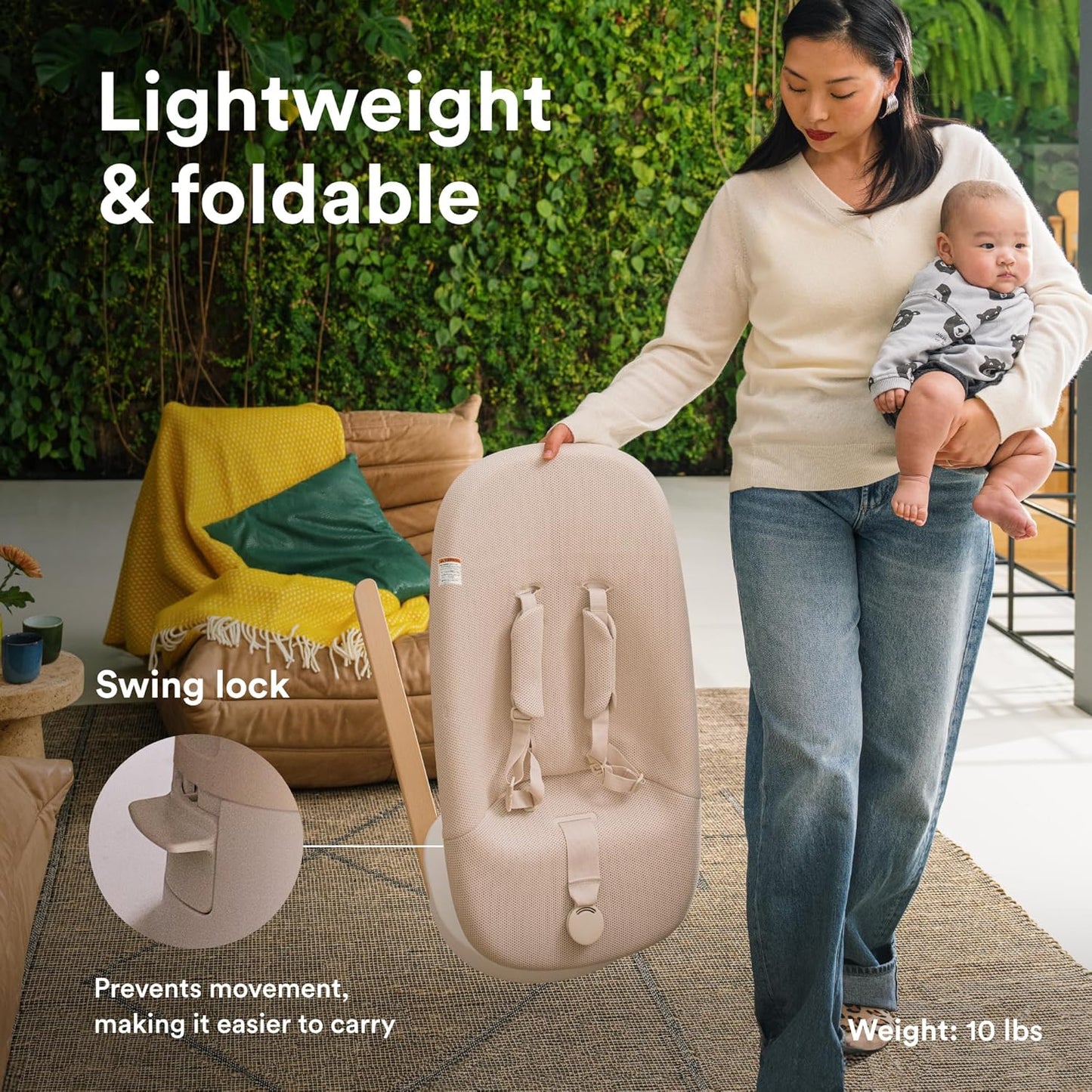 Stokke Yoga Baby Bouncer & Swing, Light Sand - Dual Movement to Soothe & Stimulate Babies Up to 20 lbs - Includes Newborn Cushion for Head Support - Three Adjustable Positions