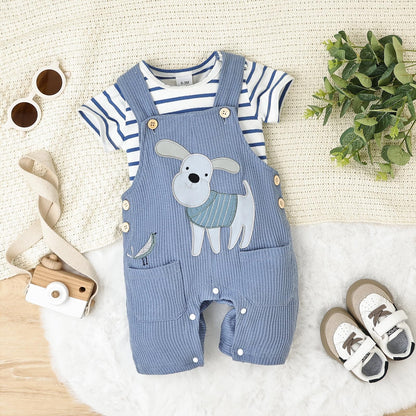 Baby Boy Clothes Infant Summer Outfits Short Sleeve Striped Romper Cute Cartoon Dog Overall Pants Set 2pcs 0-18 Months