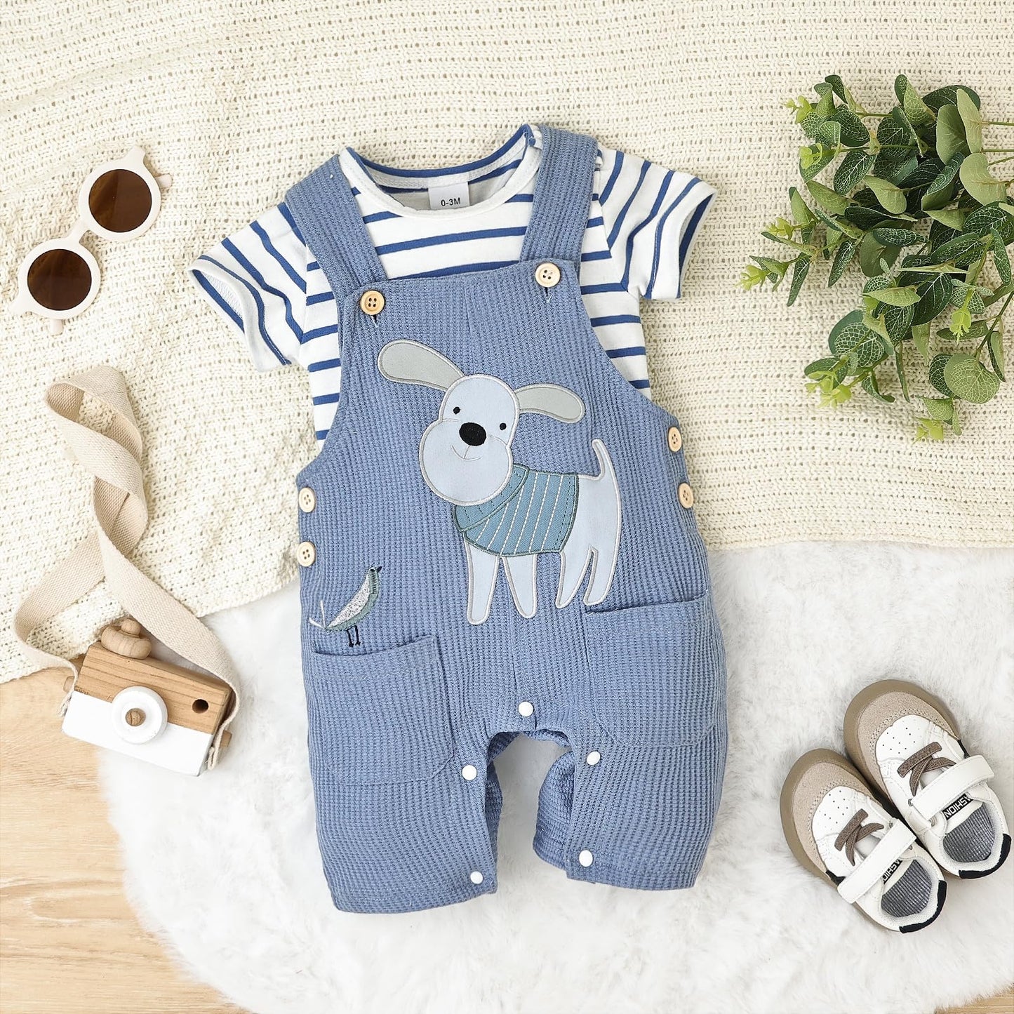 Baby Boy Clothes Infant Summer Outfits Short Sleeve Striped Romper Cute Cartoon Dog Overall Pants Set 2pcs 0-18 Months