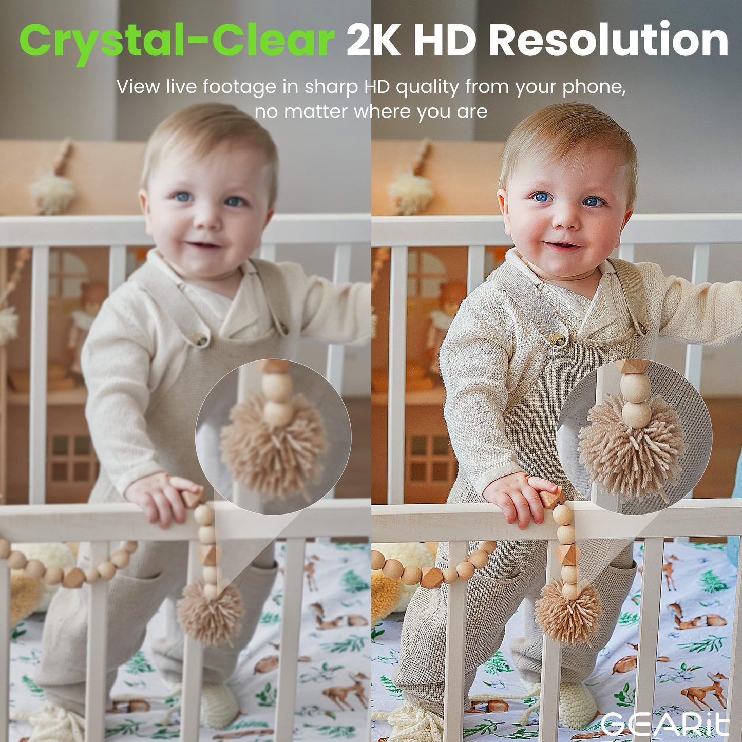GEARit Baby Monitor with Camera & Audio 2K Video with Motion & Crying Detection, 2 Way Audio Easy WiFi Setup, Remote Monitoring - Easy to Set Crib Monitor with Adjustable Stand