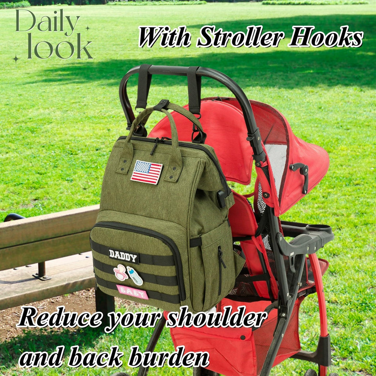 Diaper Bag Backpack for Dad and Mom with USB Charging Port Stroller Straps and Insulated Pocket,army military Travel Nappy Backpack for Daddy/Mommy (Black)