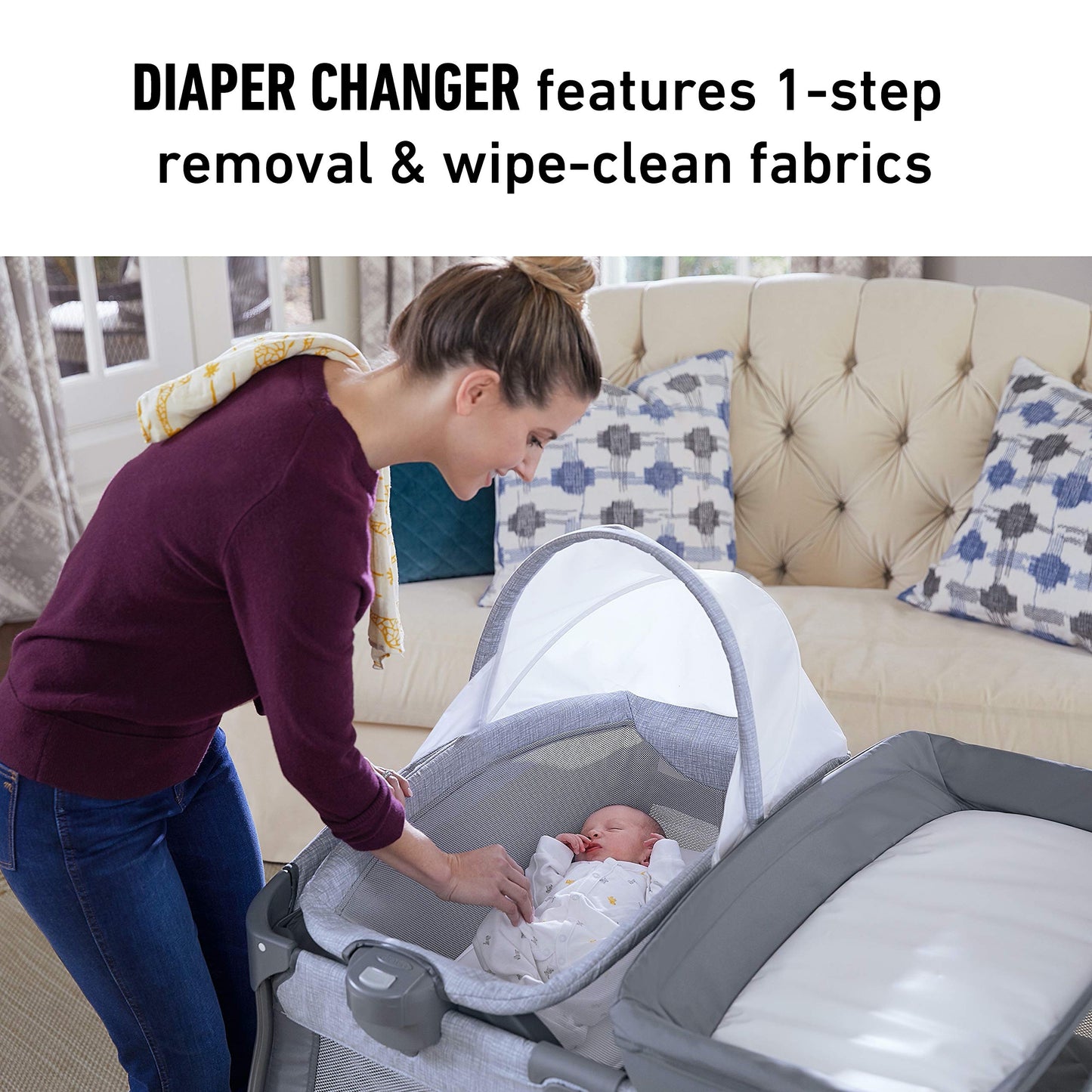 Graco On The Go Zip Pack ‘n Play Playard, Folding Playpen with Bassinet, Portable Crib, Reeves