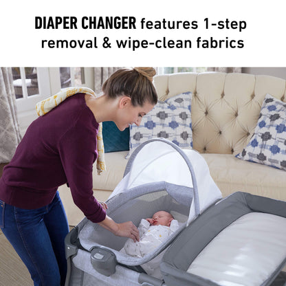 Graco On The Go Zip Pack ‘n Play Playard, Folding Playpen with Bassinet, Portable Crib, Reeves