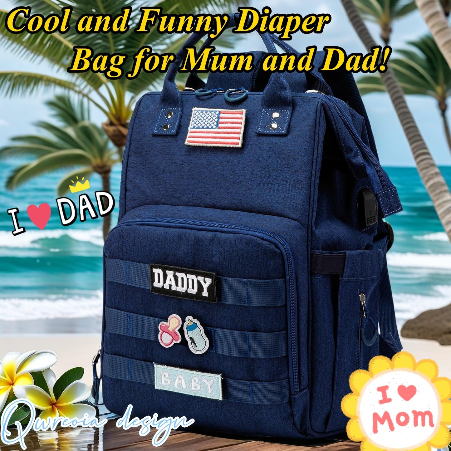 Diaper Bag Backpack for Dad and Mom with USB Charging Port Stroller Straps and Insulated Pocket,army military Travel Nappy Backpack for Daddy/Mommy (Black)