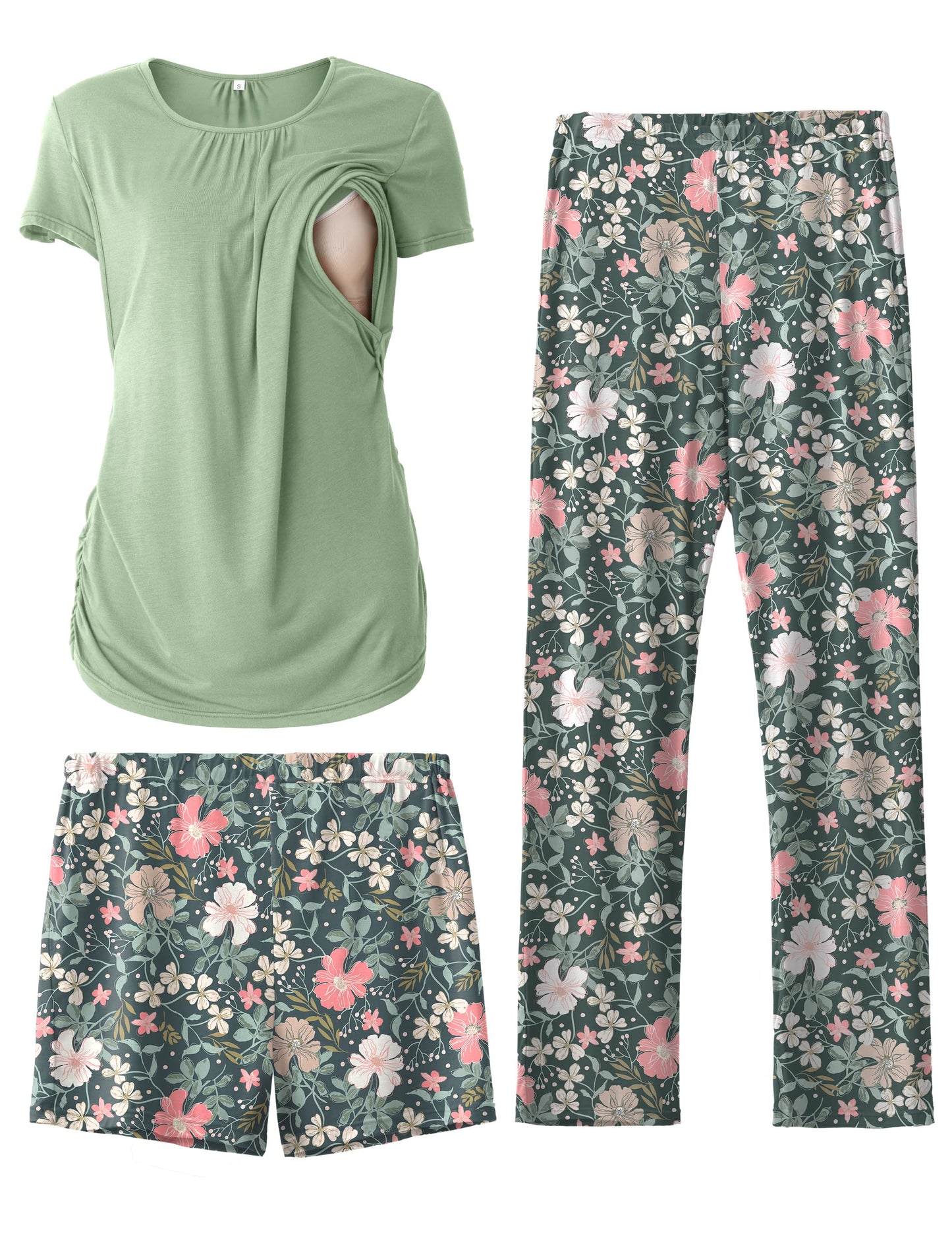 SUNNYBUY Womens Maternity Nursing Pajamas Set, Short Sleeve Breastfeeding Shirts，Pregnancy Shorts & Pants 3 Piece Nursing PJS