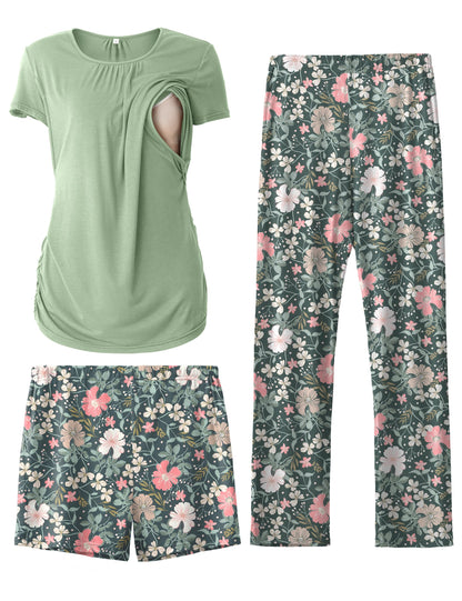 SUNNYBUY Womens Maternity Nursing Pajamas Set, Short Sleeve Breastfeeding Shirts，Pregnancy Shorts & Pants 3 Piece Nursing PJS
