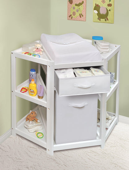 Badger Basket Diaper Corner Baby Changing Table – Space-Saving White Nursery Station with Hamper, Basket & Changing Pad
