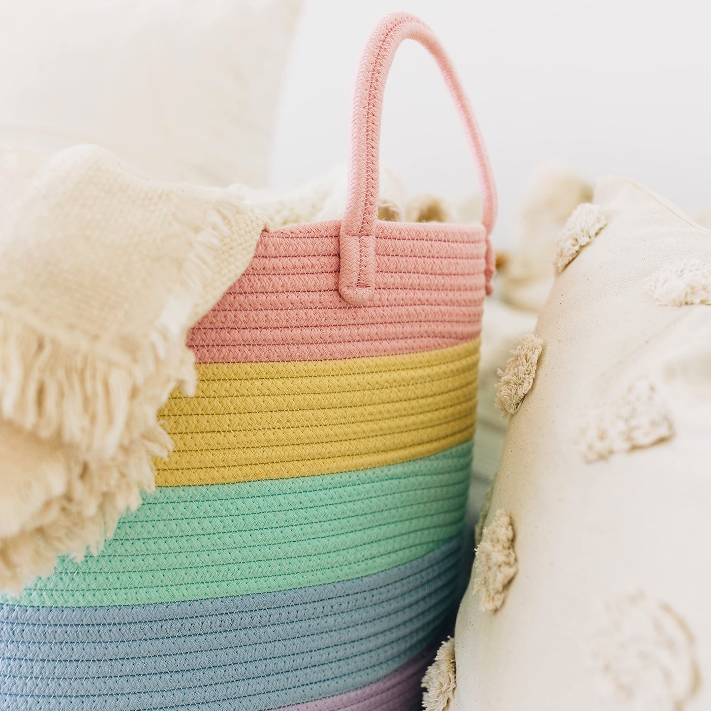 OrganiHaus Large Blanket Basket for Living Room 20x13, Rainbow Rope Basket for Classroom Organization, Toy Storage Basket, Woven Kids Laundry Basket, Baby Toy Box, Cute Storage Basket, Nursery Hamper