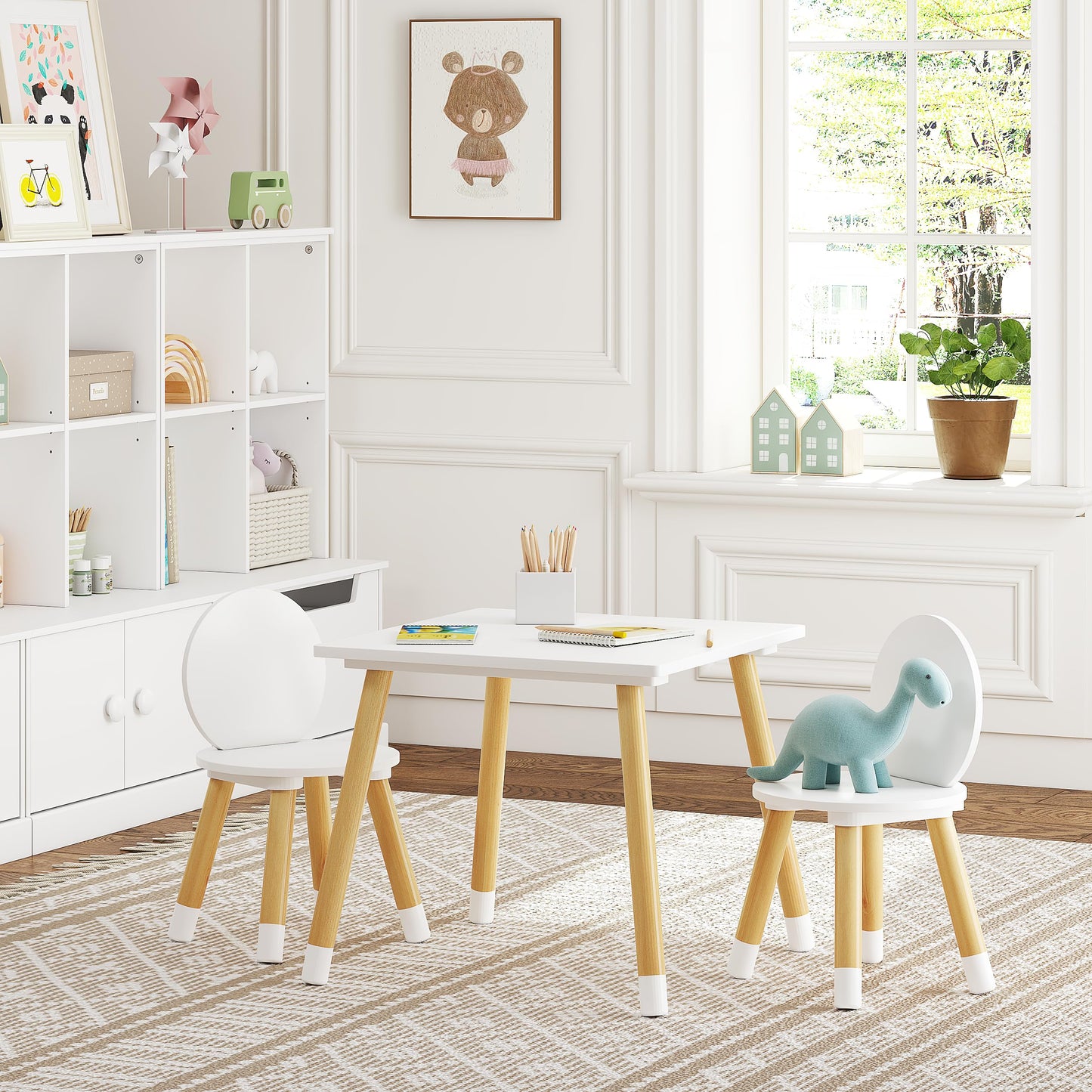 UTEX Kids Wood Table and Chair Set, Kids Play Table with 2 Chairs,3 Pieces Kids Round Table for Toddlers, Girls, Boys,White
