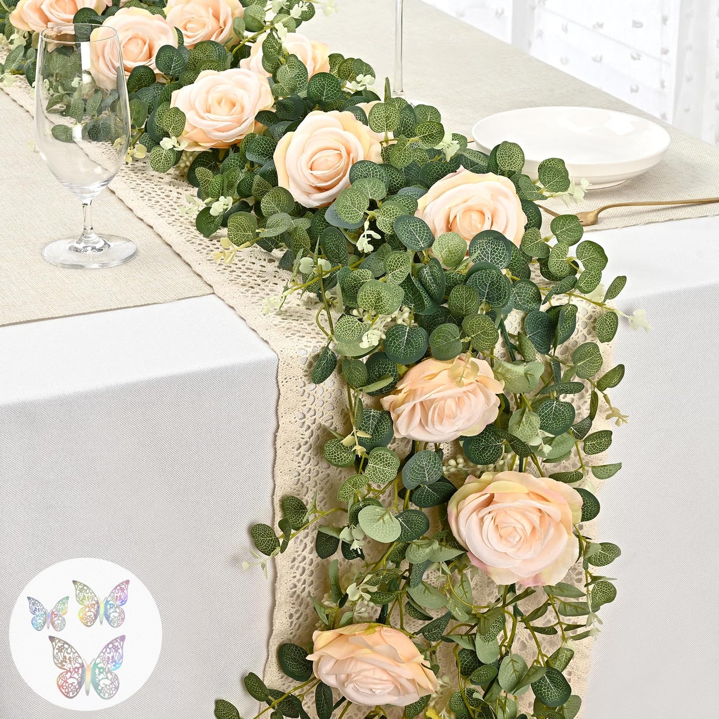 Yastouay 6.4 Ft Fuller Artificial Eucalyptus Garland with Champagne Flowers Fake Rose Vine for Table Centerpiece Wedding Baby Shower Party Room Backdrop Decor