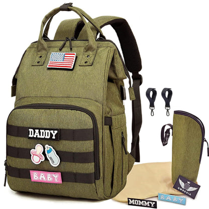 Diaper Bag Backpack for Dad and Mom with USB Charging Port Stroller Straps and Insulated Pocket,army military Travel Nappy Backpack for Daddy/Mommy (Black)