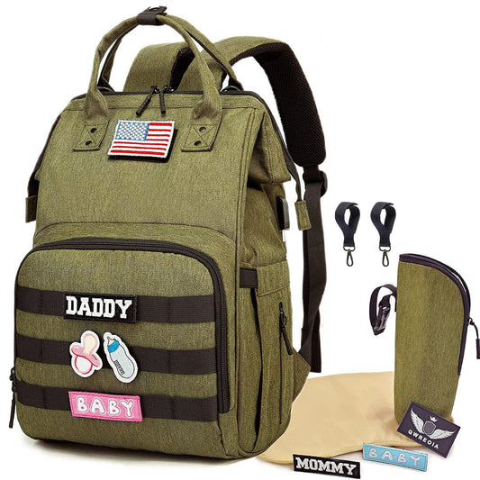 Diaper Bag Backpack for Dad and Mom with USB Charging Port Stroller Straps and Insulated Pocket,army military Travel Nappy Backpack for Daddy/Mommy (Black)