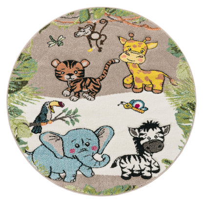 Paco Home Nursery Rug for Kids - Jungle Animals Giraffe Lion Monkey in Beige, Size:5'3" x 7'7"