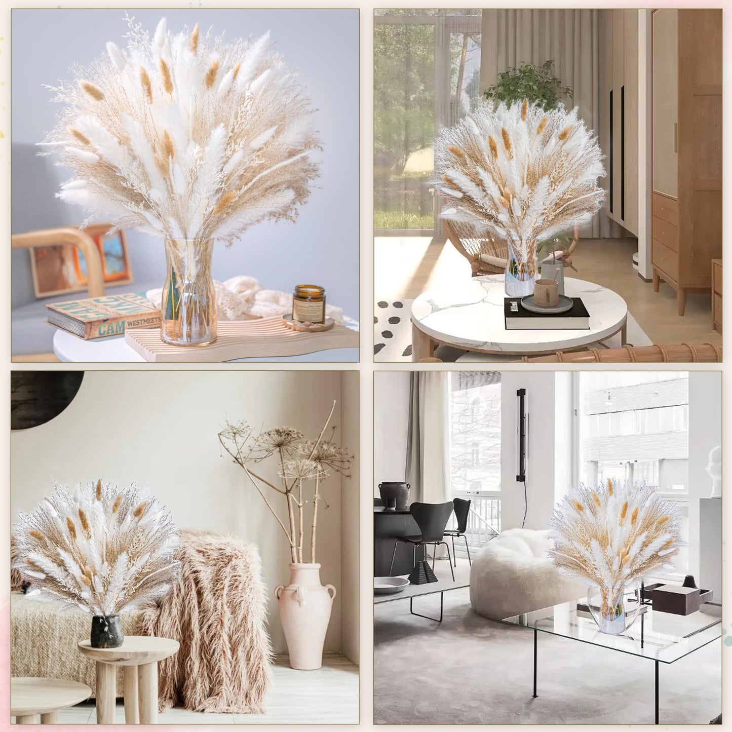 95 PCS Natural Pampas Grass Decor Bouquet | Boho Dried Floral Arrangement Centerpiece Table Decor Wedding Decor Rustic Decor, Natural, white, beige (Fdm-b-01)