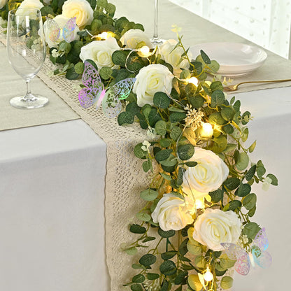 Yastouay 6.4 Ft Fuller Artificial Eucalyptus Garland with Champagne Flowers Fake Rose Vine for Table Centerpiece Wedding Baby Shower Party Room Backdrop Decor