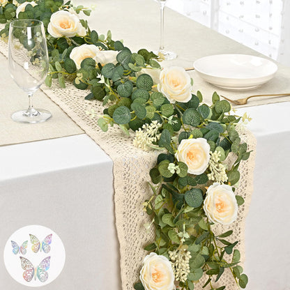 Yastouay 6.4 Ft Fuller Artificial Eucalyptus Garland with Champagne Flowers Fake Rose Vine for Table Centerpiece Wedding Baby Shower Party Room Backdrop Decor