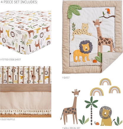 Levtex Baby - Zuma Crib Bed Set - Baby Nursery Set - Jungle - Taupe, Green, Brown, Cream - Jungle Animals - 4 Piece Set Includes Quilt, Fitted Sheet, Wall Decal & Crib Skirt/Dust Ruffle