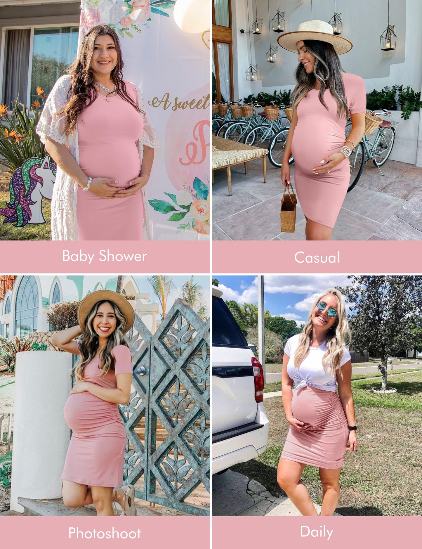 Peauty Everyday Essentials Maternity Bodycon Dress Side Ruch & Short Sleeve Dress for Baby Shower Daily (S-2XL)