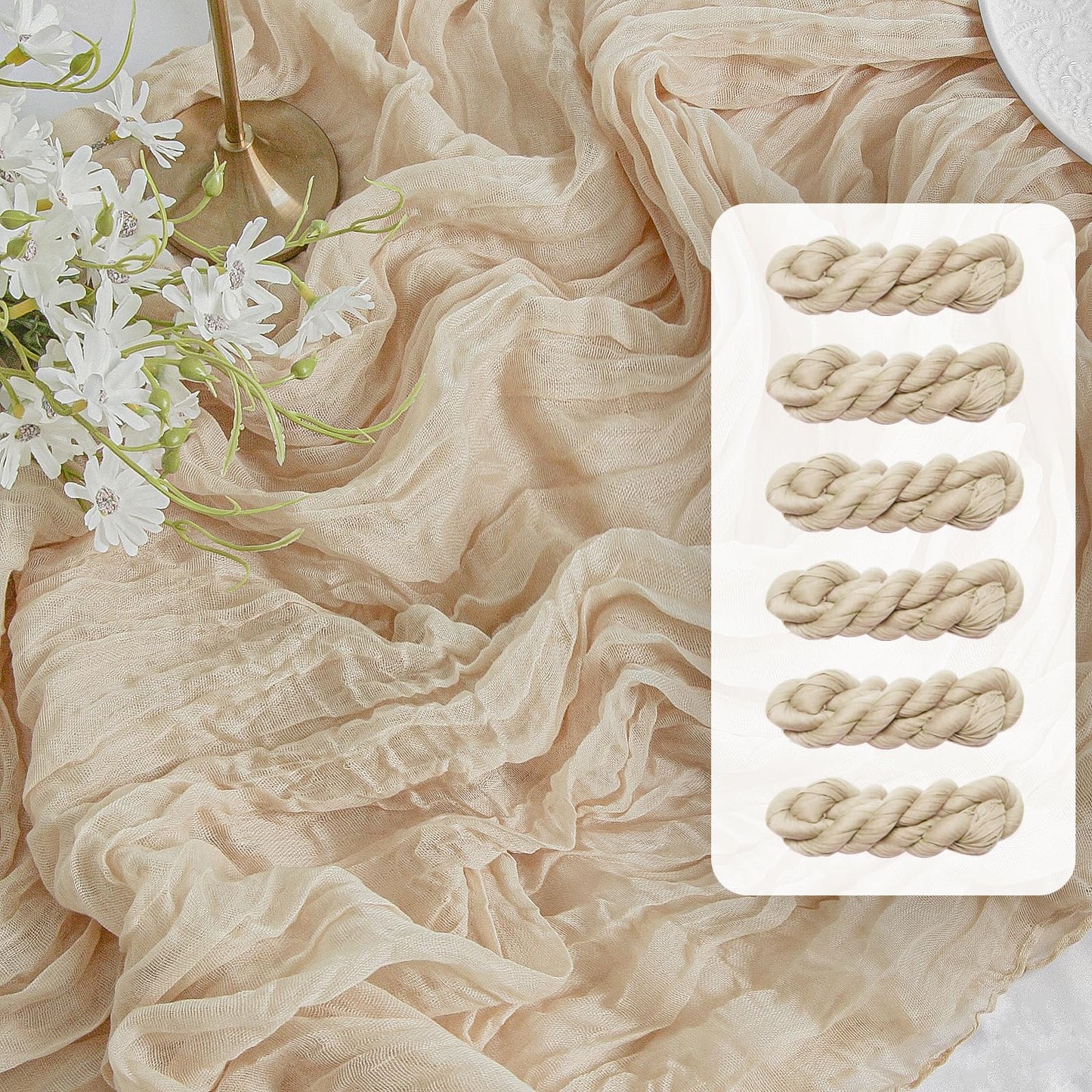 FEXIA Beige Cheesecloth Table Runner 35x120 Inches Ivory Gauze Rustic Boho Spring Easter Table Runner for Engagement Party Decorations Bridal Shower Wedding Party First Communion Centerpiece