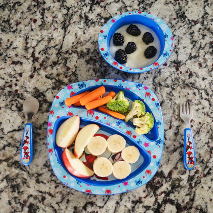 The First Years Bluey 4-Piece Place Setting - BPA Free Dishwasher Safe Toddler Dinnerware Set with Divided Plate, Bowl, Fork, Spoon - Multicolor