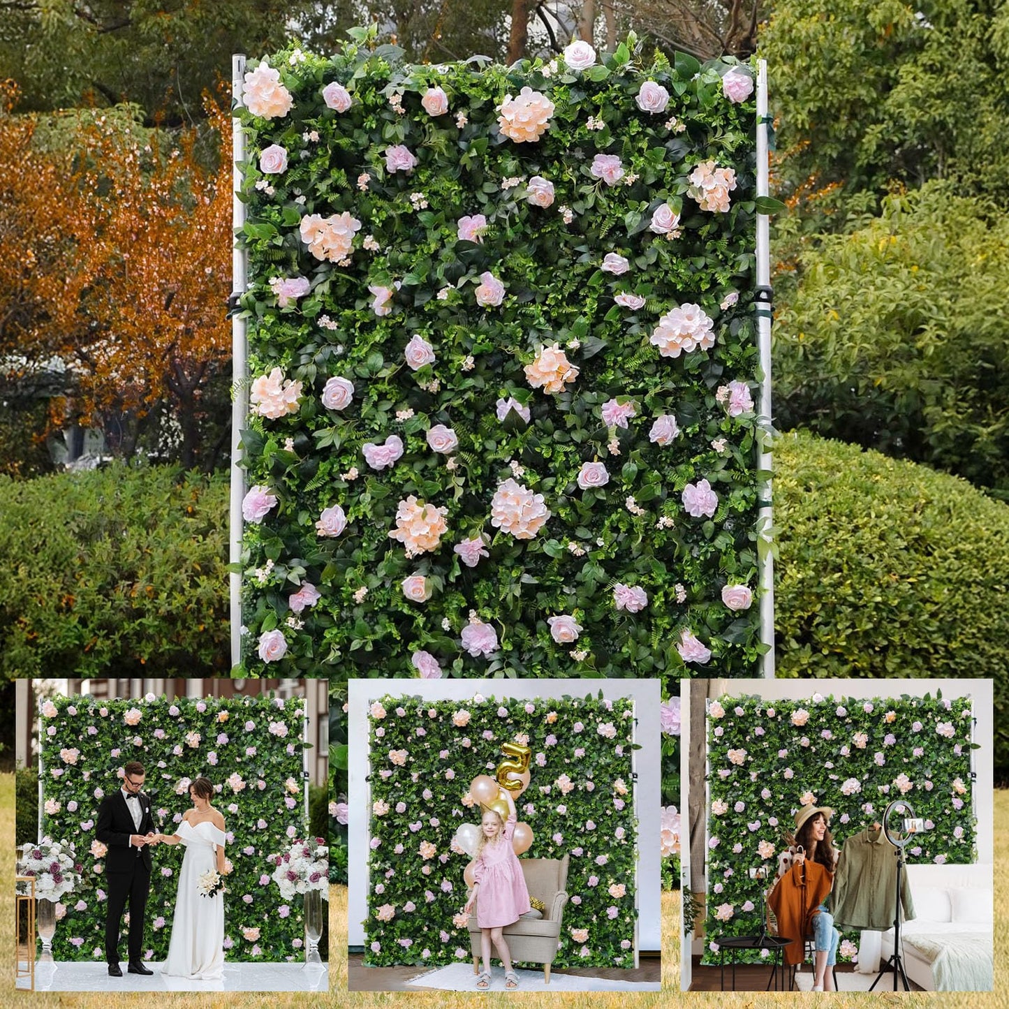 Artificial Luxury‌ Flower Wall Panels, Gorgeous 3D Silk Floral Backdrop for Wedding, Baby Show, Party and Home Decor, Quick Assembly/Storage, Eco ＆ Pet Friendly, 2 pcs, Each Panel 2*8 ft.