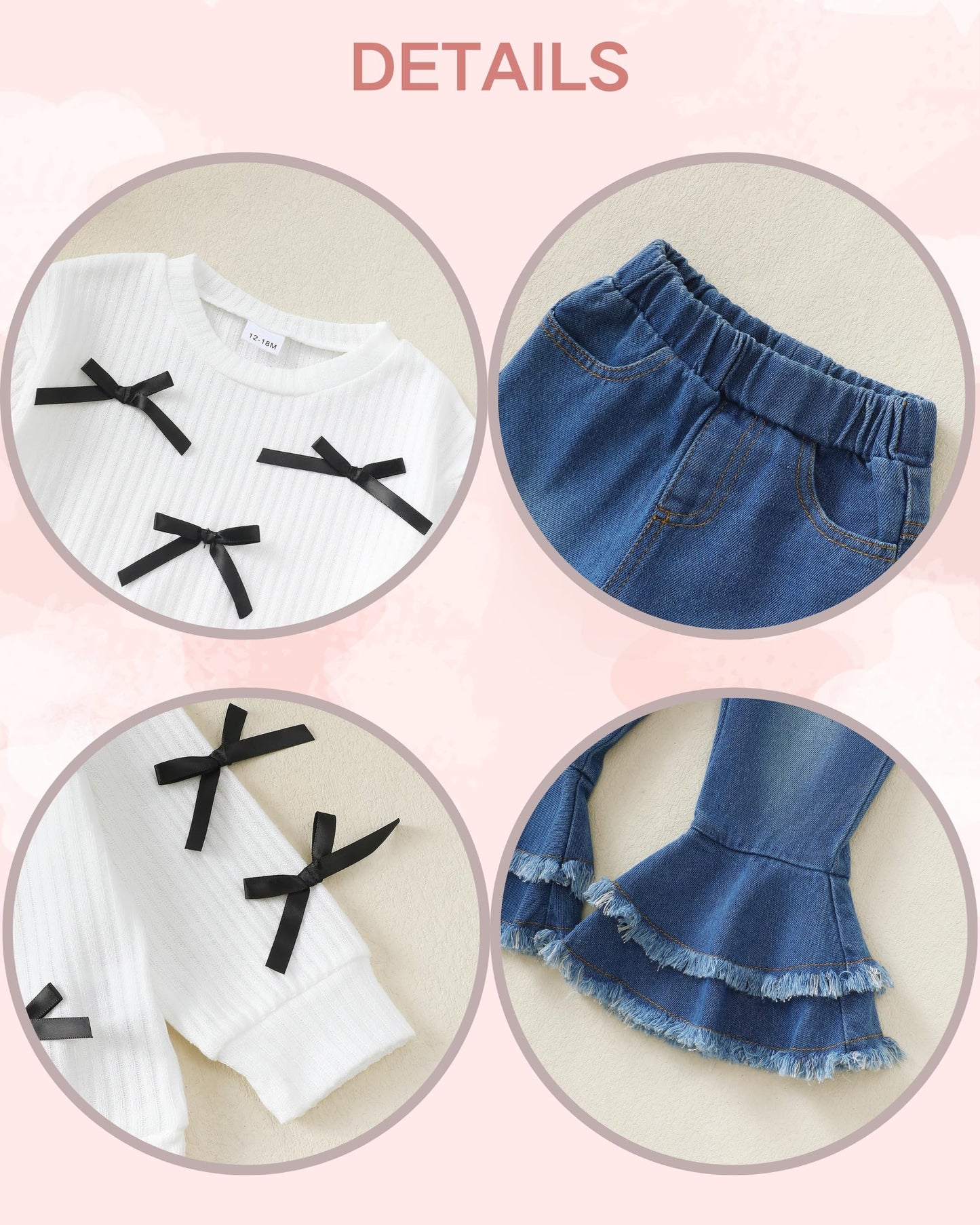Renotemy Toddler Baby Girl Clothes Fall Winter Outfit, Bow Sweatshirt Denim Bell Bottom Jeans Outfits for 1-5 Year Girls
