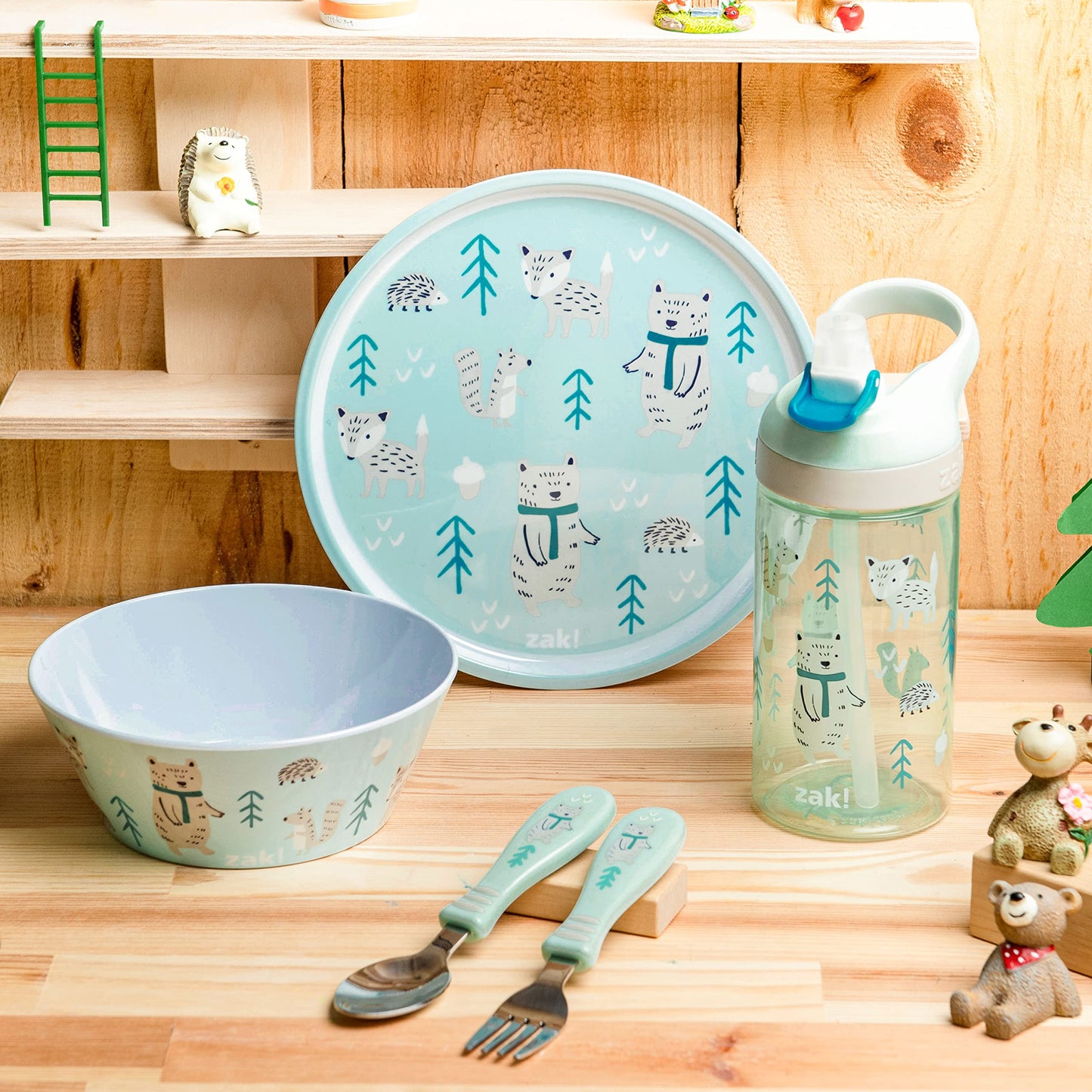 Zak Designs 5-Piece Dinnerware Set, Baby Shark - Durable Plastic & Stainless Steel - Includes Water Bottle, 8-Inch Plate, 6-Inch Bowl, Fork & Spoon - Suitable for Kids Ages 3+