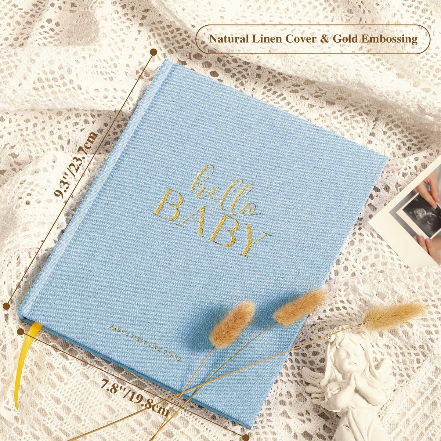 Lanpn Hello Baby First 5 Year Memory Book for Boy Girl - Linen Hardcover Baby Book Keepsake for New Parents - Newborn Baby Journal Scrapbook Photo Album Baby Milestone Book (Beige, 154 Pages)