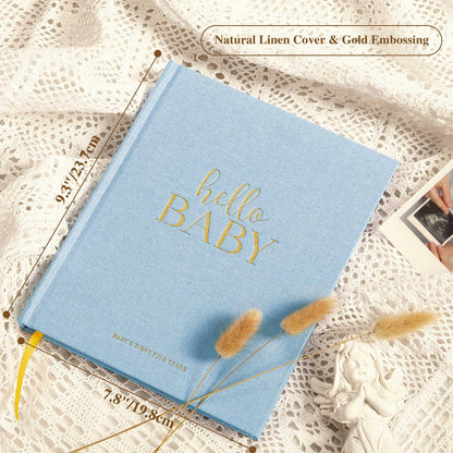 Lanpn Hello Baby First 5 Year Memory Book for Boy Girl - Linen Hardcover Baby Book Keepsake for New Parents - Newborn Baby Journal Scrapbook Photo Album Baby Milestone Book (Beige, 154 Pages)