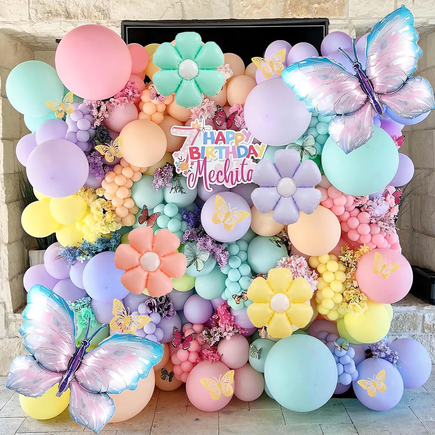 Butterfly and Daisy Flower Balloons Arch Garland Kit 164Pcs Pastel Purple Green Yellow Pink Orange Balloons with Butterfly Stickers for Birthday Party Baby Shower Decorations